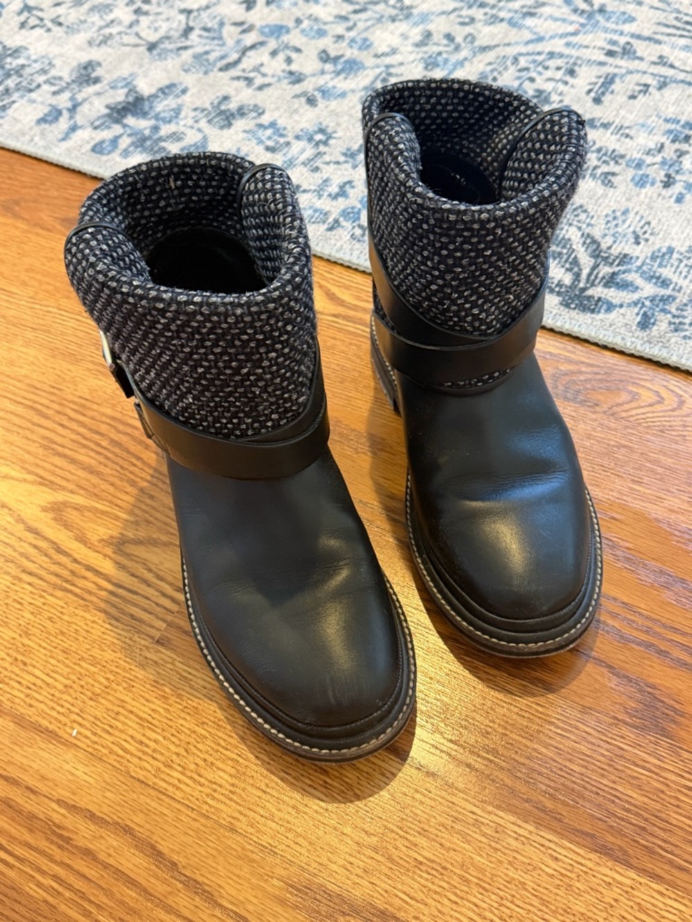CHANEL Black Leather and Gray Tweed Cuffed Ankle Boots